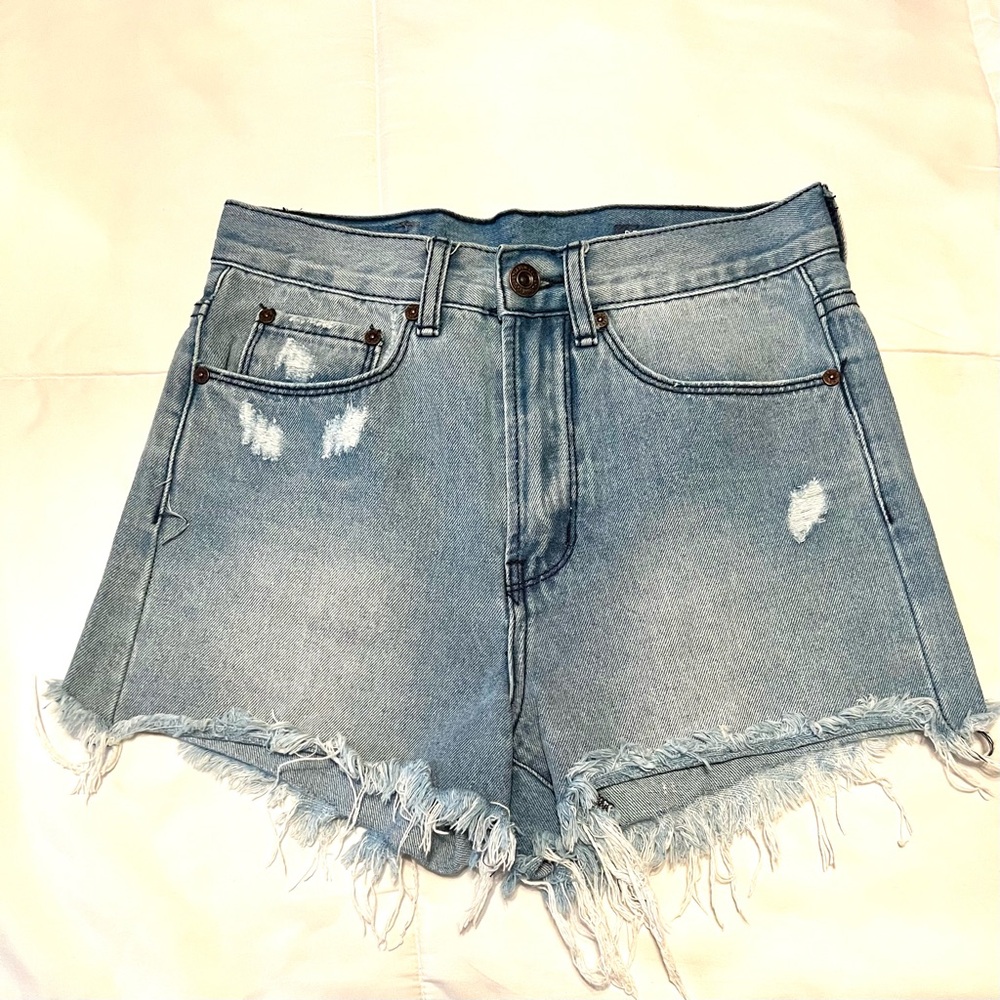 Denim Colab‎ Saltwater Light Wash High Waisted Distressed Denim Shorts-Size 25